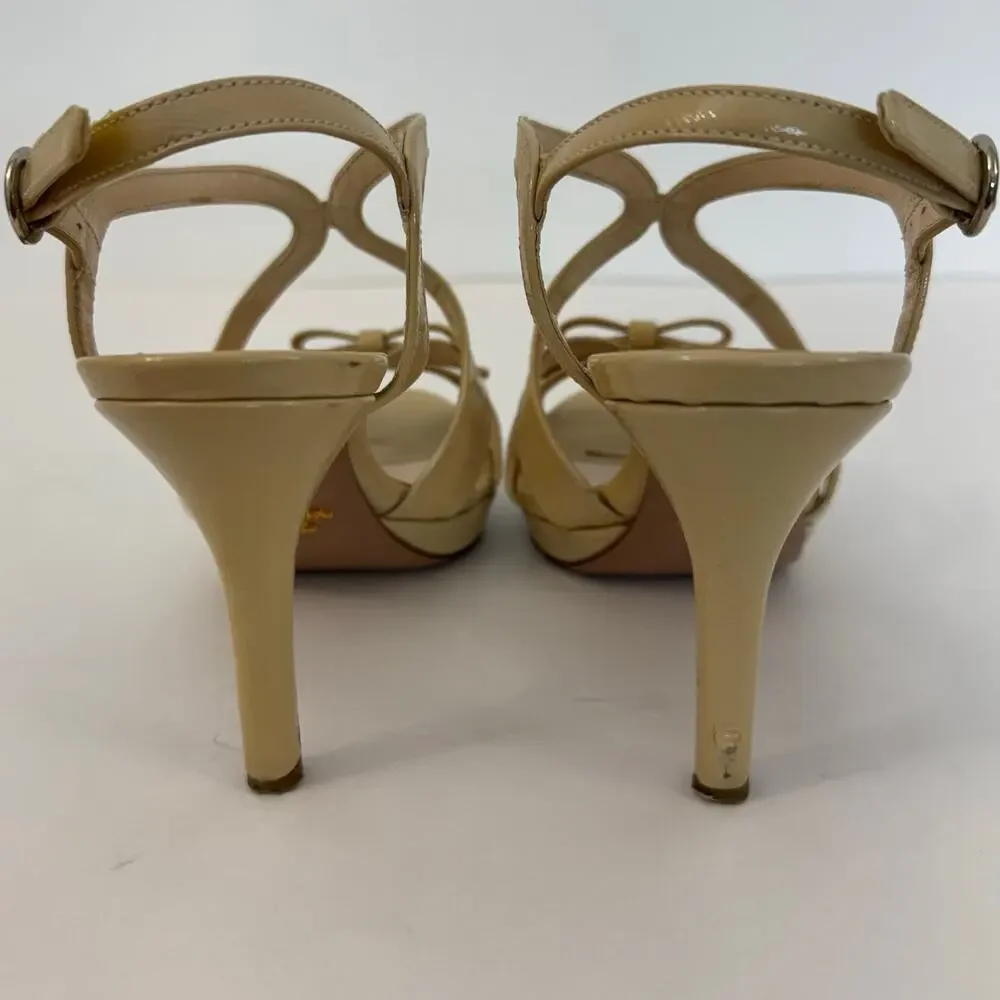 Prada Patent Leather Bow Accents Strappy Sandals Shoes Nude Tan | 37.5 (US 7.5)